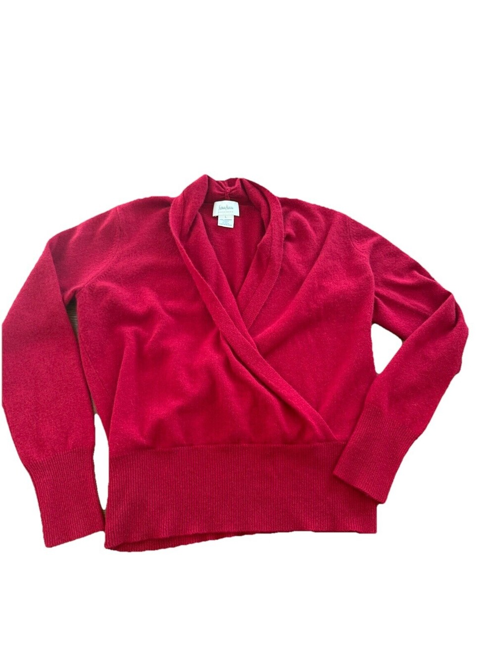 Neiman Marcus 100% Cashmere Vibrant Red Faux Wrap Sweater Size Large Elegant
